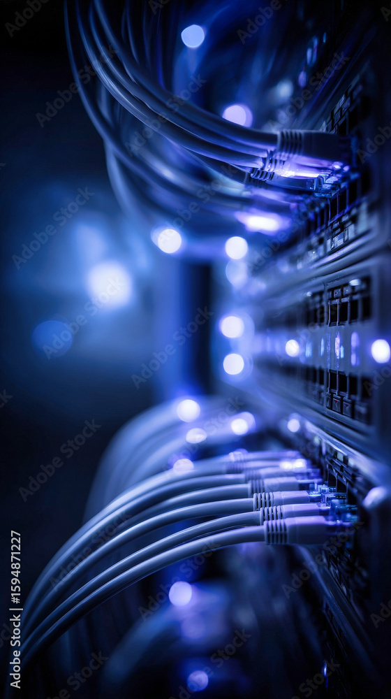 Poster a network switch with glowing blue data cables in an internet server room