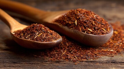 Rooibos tea leaves in a heap with wooden spoon, space available for text