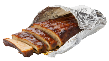 Barbecue pork ribs partially wrapped in aluminum foil isolated on transparent background