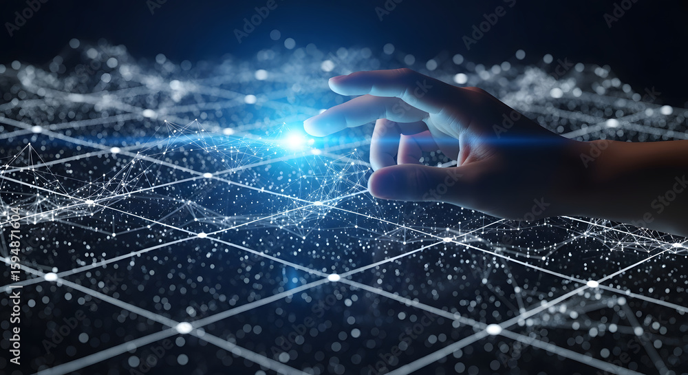 Poster hand touching a glowing node in a network of interconnected points, representing technology and conn