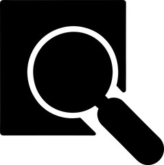 A black and white illustration of a magnifying glass over a square shape in the image