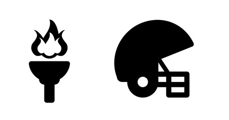 Fiery Torch and Football Helmet: Bold Black Glyph Icons for Sports.