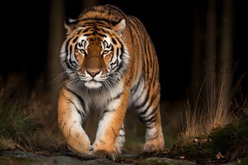 Fototapeta premium Tiger on the Prowl Majestic Feline Walking Confidently Towards the Camera with Intense Gaze and Striking Orange and Black Markings