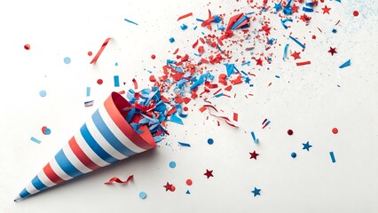 Obraz premium celebration cone bursting red, blue, and white confetti on clean white background