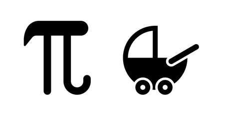 Bold Black Pi Symbol and Baby Stroller Icons: Simple, Modern, Minimalist Design