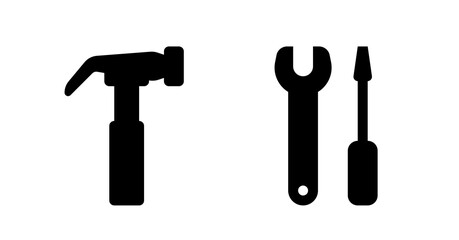 Simple Black Hammer Wrench Screwdriver Icons: DIY Repair Tools Set