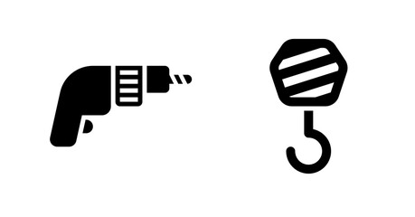 Black and white icons: drill and crane hook, industrial, construction, minimalist style.