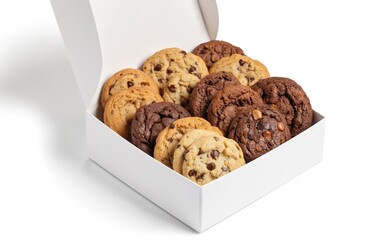 Assorted gourmet cookies gift box featuring chocolate chip, brownie, coffee flavors. Delicious baked goods perfect for gifting sweet treat. Pastries offer rich dessert experience, ideal for pairing