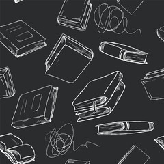 Black and white seamless hand-drawn pattern with sketch-style books.