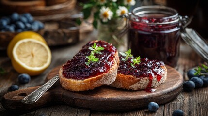 Wooden table topped with slices of toast and sweet fruit jam