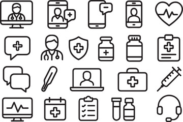 Black and White Telemedicine Icon Pack with Online Health Symbols