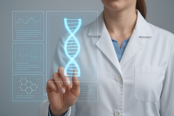 Female scientist interacts with a futuristic holographic interface showcasing a DNA strand and scientific data visualizations.