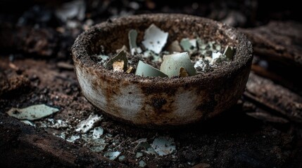 A weathered, rustic bowl filled with broken fragments.