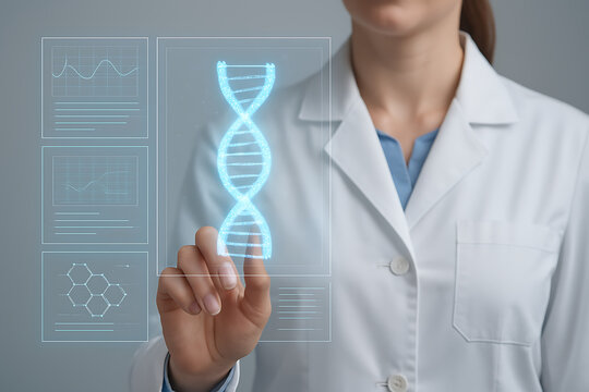 Female scientist interacts with a futuristic holographic interface showcasing a DNA strand and scientific data visualizations.