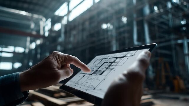 Person scrolls tablet interface schematic blueprint floorplan. Dimension grid scale assists rendering prototype layout. Exploring schematic details, dimension layout, floorplan scale, prototype ideas.
