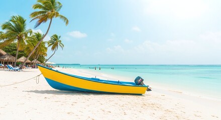 Obraz premium Longtail fishing boat on a tropical beach with blue water and sky perfect for a summer island vacation