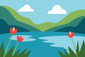 Fototapeta premium Spring landscape with a field of flowers and green grass under a blue sky with clouds