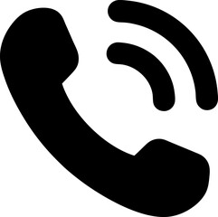 A black and white illustration of a telephone receiver with signal waves above it icon