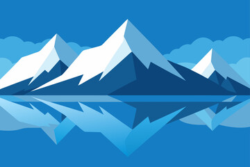 Vector icon of a panoramic mountain landscape with snow-covered peaks, a bright blue sky, and a rocky glacier