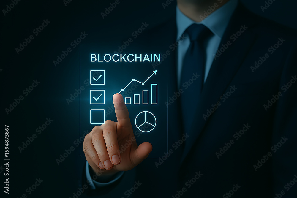 Aufkleber a businessman touches a holographic screen displaying blockchain technology charts, graphs, and chec