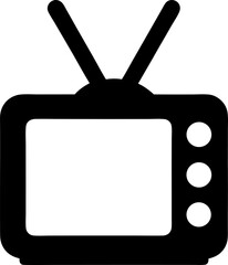 A simple black and white illustration of a retro television set with antenna design icon