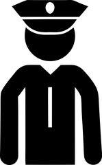 Silhouette illustration of a person wearing a hat and uniform in black and white color