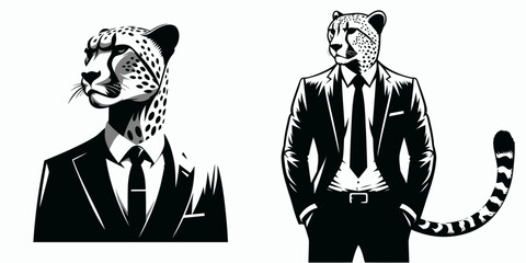 A Cheetah full body wear business suit angry. Corporate Enterprise Entrepreneurship Management Finance Clipart Line Art Vector Illustration. Feline animal whole garb office apparel mad.