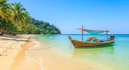 Obraz premium A vibrant longtail boat rests on a tropical Thai beach, its turquoise waters meeting the golden sand under a summer sky, inviting travel to this island paradise