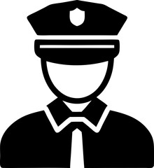 A black and white icon of a police officer wearing a hat and tie in a simple design