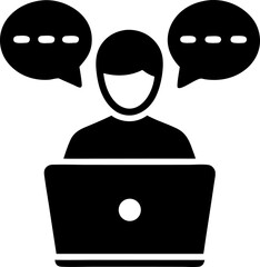 Person using laptop with speech bubbles above head in black and white vector illustration