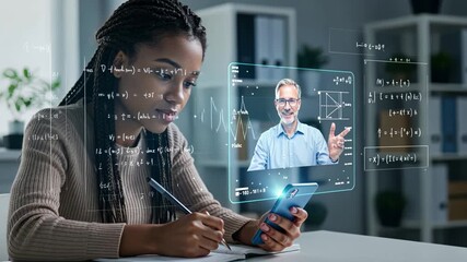 Young woman engaging in virtual learning with interactive holographic tutor display - Powered by Adobe