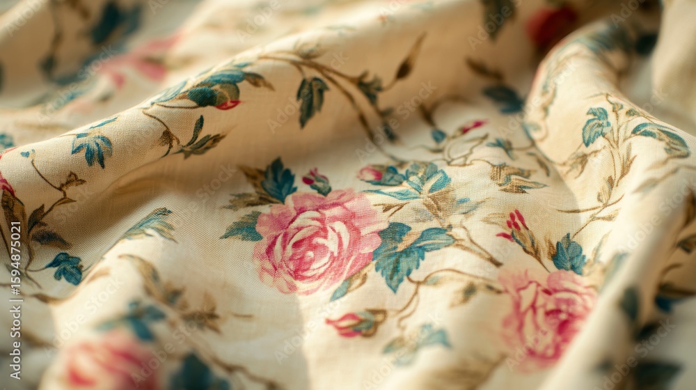 Poster close-up of textured fabric with a floral pattern, showing soft folds and light illuminating the des