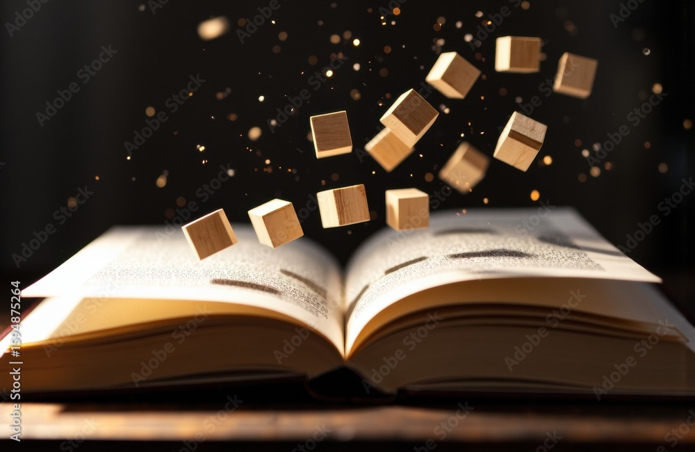 Poster open book with floating wooden cubes and glowing particles creating a magical effect