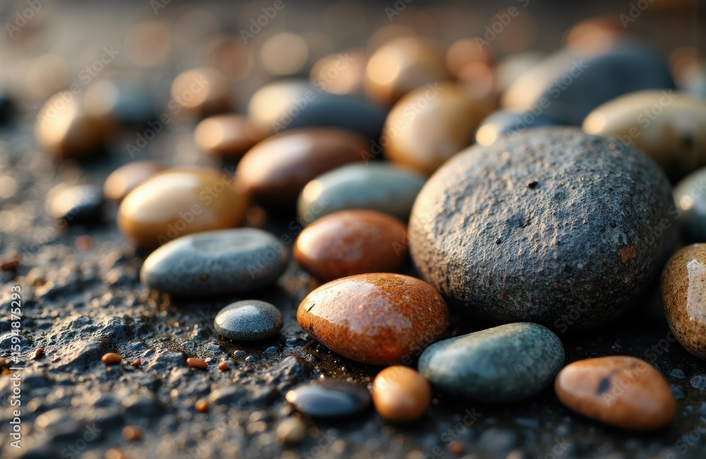 Poster smooth colorful pebbles scattered on a sandy surface with natural lighting and shallow depth of fiel