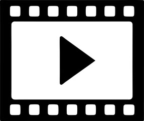 Illustration of a black film strip with a play button in the center on a white background