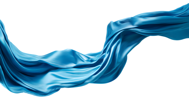 Elegant blue silk fabric flows in a dynamic, abstract design isolated on transparent background