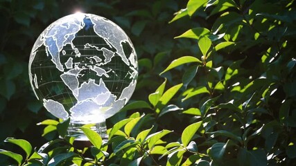Transparent spherical world representation resting atop lush foliage, symbolizing ecological awareness and sustainability initiatives for planet preservation and green living advocacy