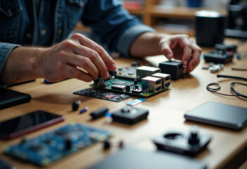 Technician assembling a single-board computer or microcontroller on a wooden desk