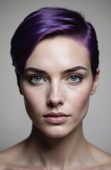 Fototapeta premium Stylish woman with vibrant purple hair and captivating blue eyes. Close-up portrait highlighting smooth complexion, elegant makeup, and confident expression. Modern hairstyle, fashion-forward look.
