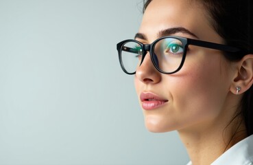 Woman wearing black glasses looking to the side with a neutral background