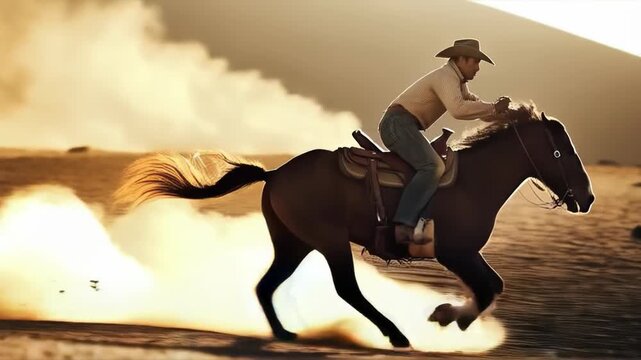 A rider in a cowboy hat riding a horse across a dusty field creates a Wild West atmosphere. An excellent choice for western themes and adventure tourism advertising.
