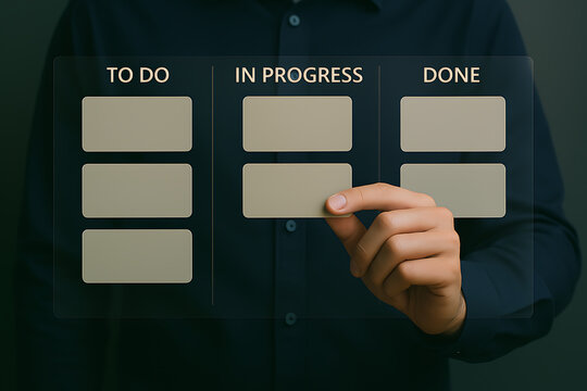 Agile workflow is displayed through a kanban board, with tasks visualized in columns indicating to do, in progress, and done stages.