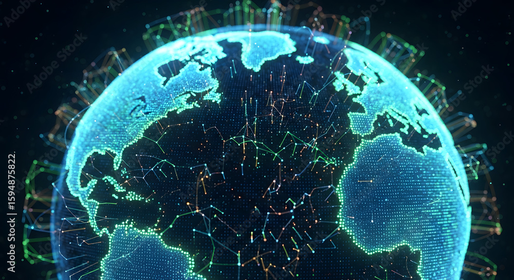 Poster digital globe showcasing network connections and data flow across continents.