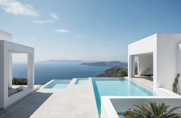 Fototapeta premium Modern luxury house with infinity swimming pool overlooking sea. White architecture, minimalist design. Terrace with seating offers expansive ocean, island views. Ideal for summer vacation,