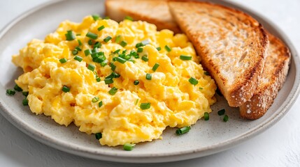 Fluffy Scrambled Eggs with Chives and Toast on a Plate