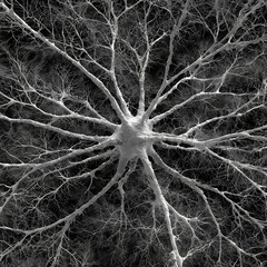 White neuron cell body with branching dendrites on black background