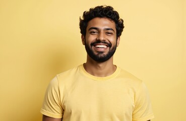 Indian man in 30s with curly hair, beard wears yellow t-shirt. Grins widely against plain pastel yellow background. Portrait captures joyful, cheerful expression, modern, simple style. Focus on happy