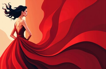 A woman in a flowing red dress stands against an abstract red background