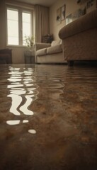 Flooded floor in residential living room with water damage. Submerged indoor area shows household disaster incident requiring emergency cleanup and restoration services.