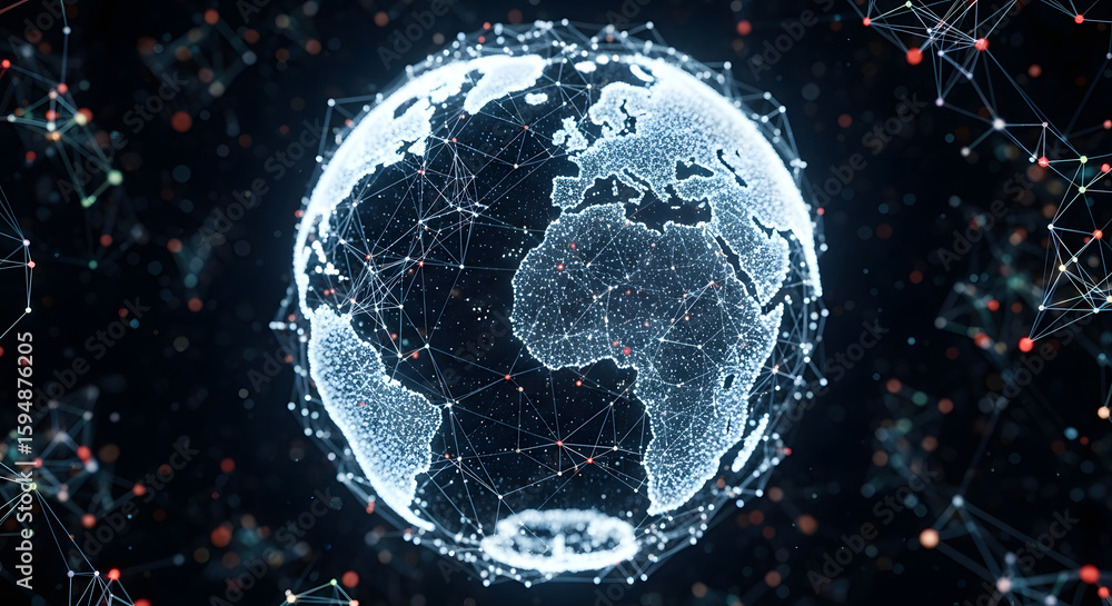 Poster digital globe with interconnected lines and nodes, representing global network.